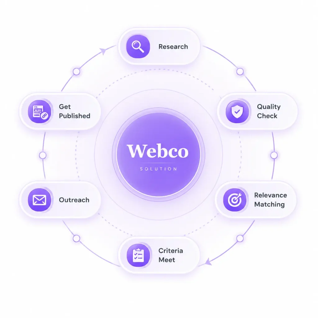 WebcoSolution link building process showing Research, Quality Check, Relevance Matching, Criteria Meet, Outreach, and Get Published in a circular workflow.